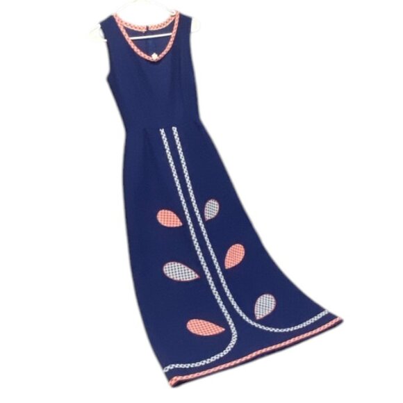 Vintage Polyester Double Knit Long Hostess Dress 10 Appliqued Gingham Sleeveless - Picture 8 of 12